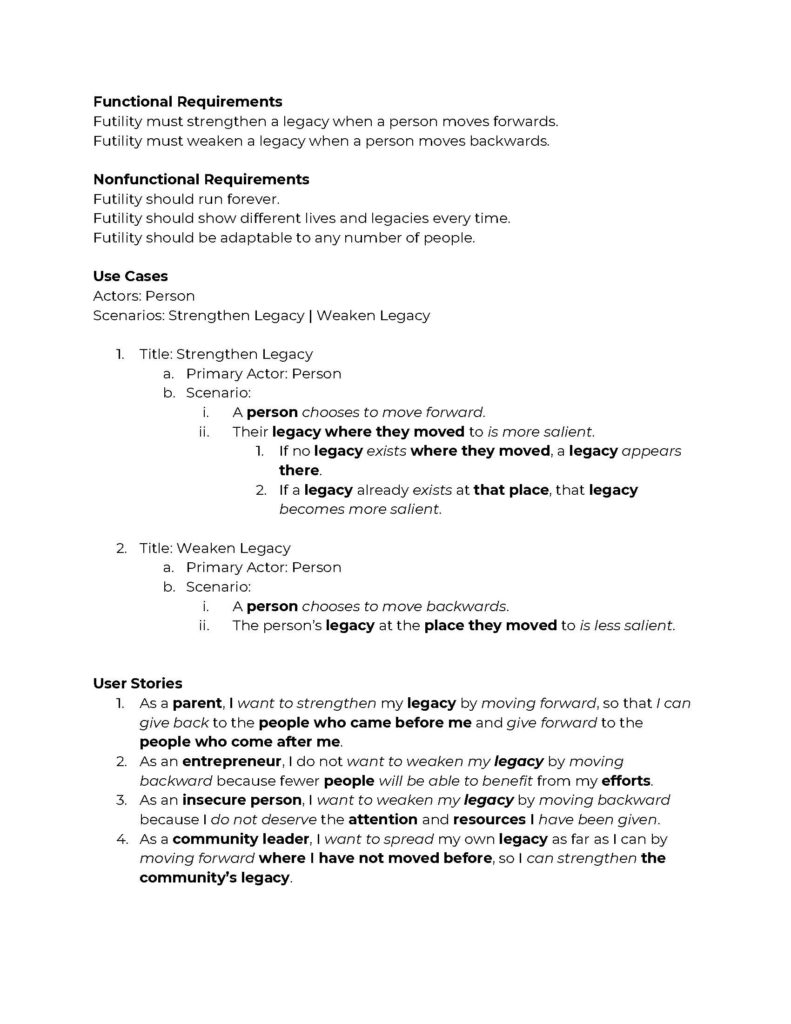 First page of planning document, featuring functional and nonfunctional requirements, use cases, and user stories.