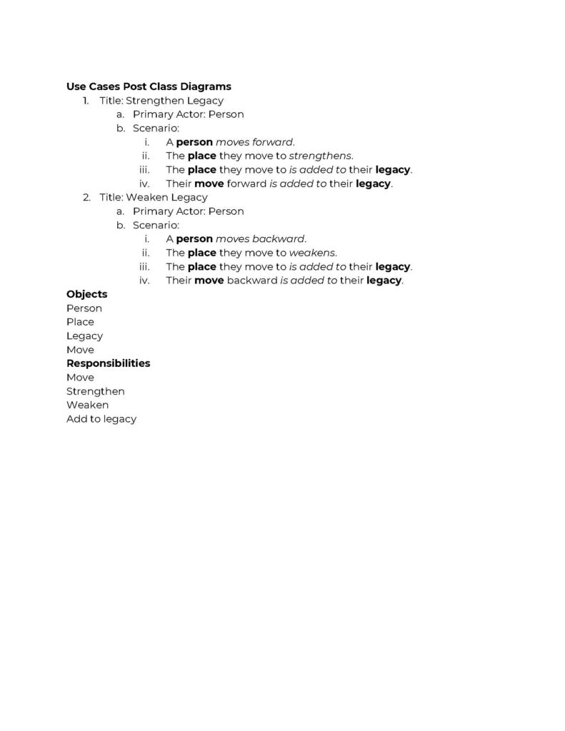 Third page of planning doc, featuring rethought use cases, objects, and responsibilities.