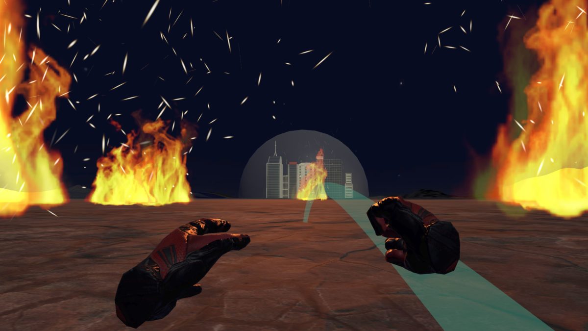 A screenshot of Fire Planet. Two first-person hands are centered. A city in a dome is in the distance. Fire is all around.