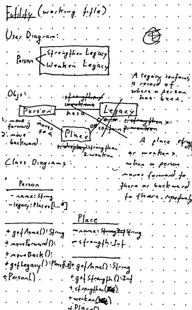 Page 1 of class diagram and relationship notes.