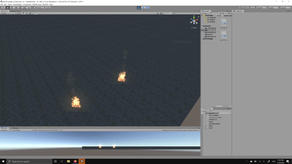 Unity window showing two fires burning in the scene