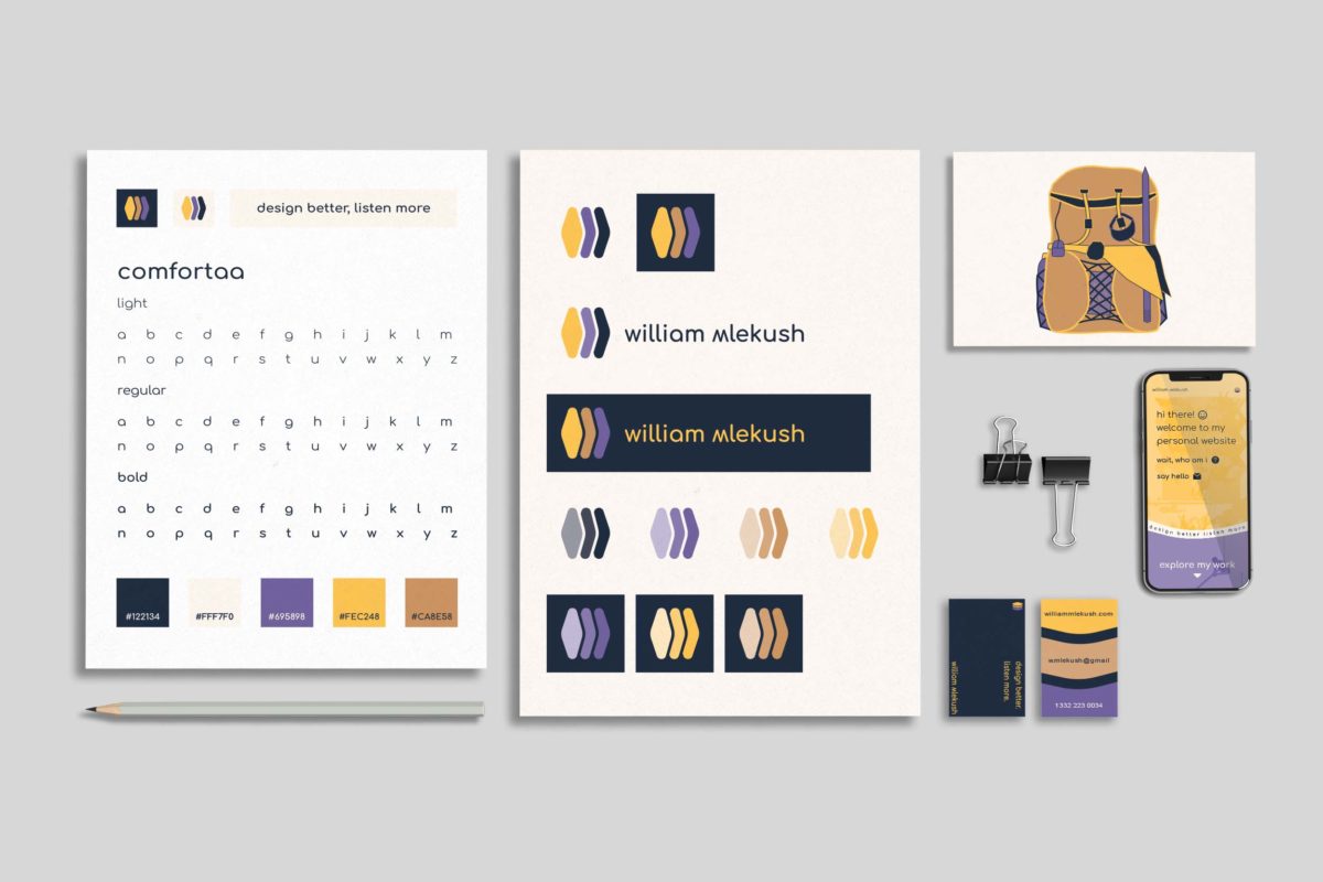 visual identity collection, including a style sheet, logo examples, original illustration, mobile phone mockup, and business card